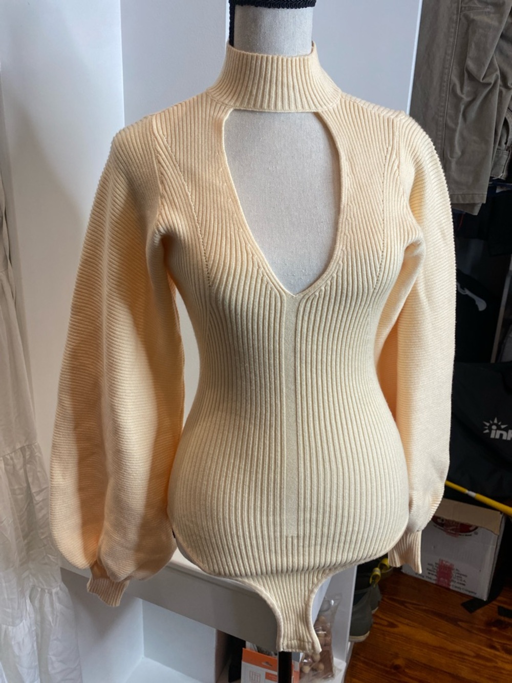 Peachy Cream Ribbed Knit Bodysuit with Keyhole Neck